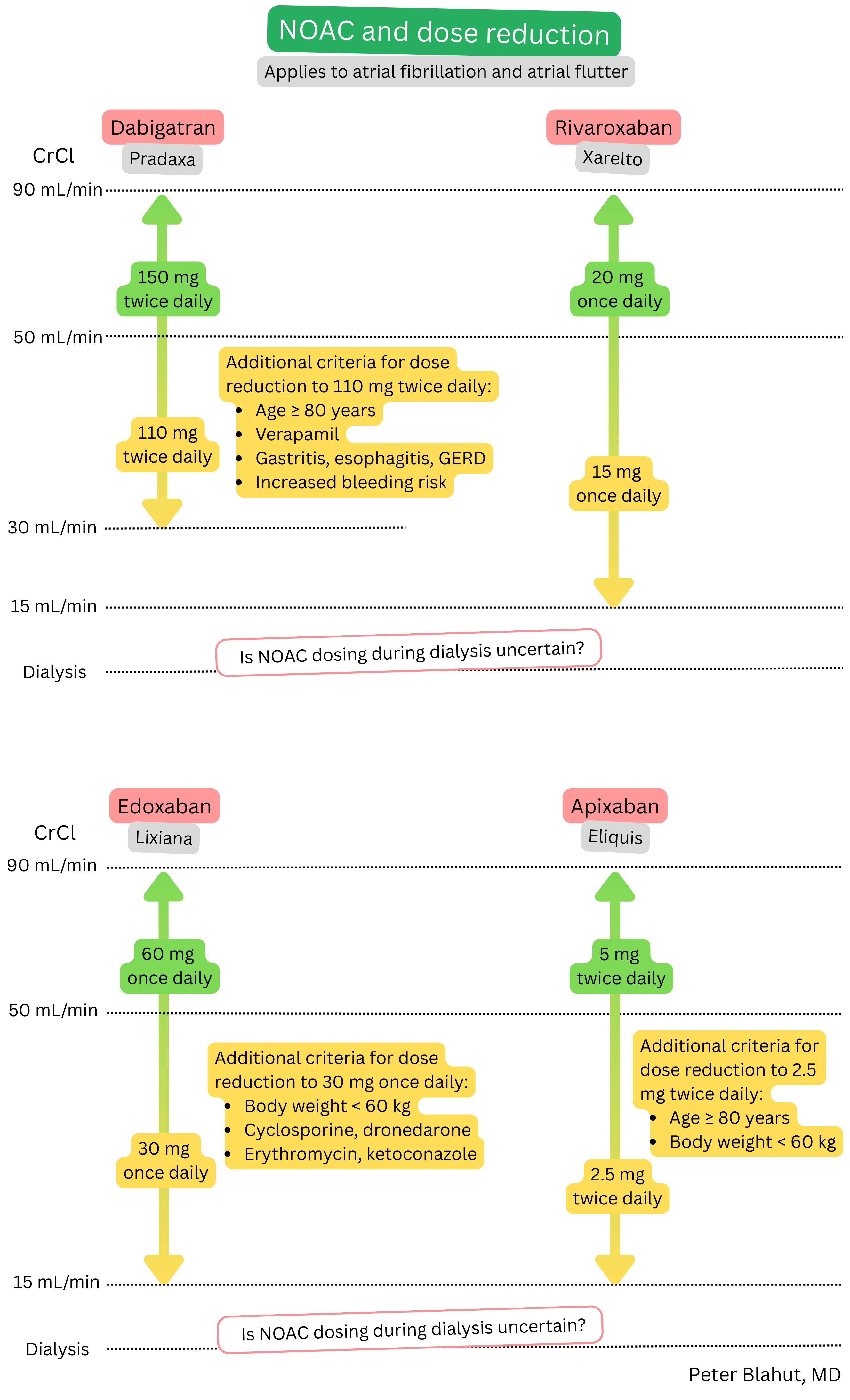 Diagram of NOAC dosing and dose reduction in atrial fibrillation according to creatinine clearance including dabigatran, rivaroxaban, edoxaban and apixaban.