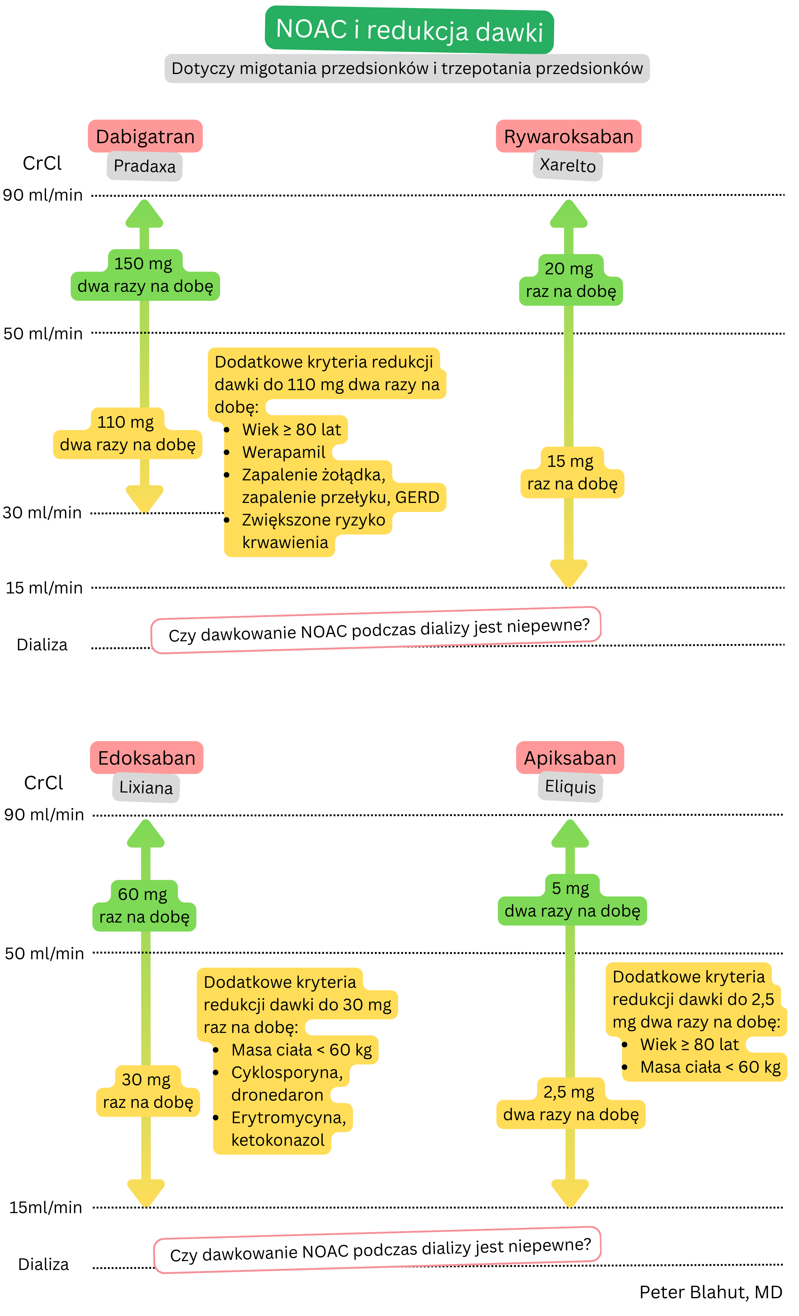 Schemat dawkowania i redukcji dawki NOAC w migotaniu przedsionków w zależności od klirensu kreatyniny obejmujący dabigatran, rywaroksaban, edoksaban i apiksaban.
