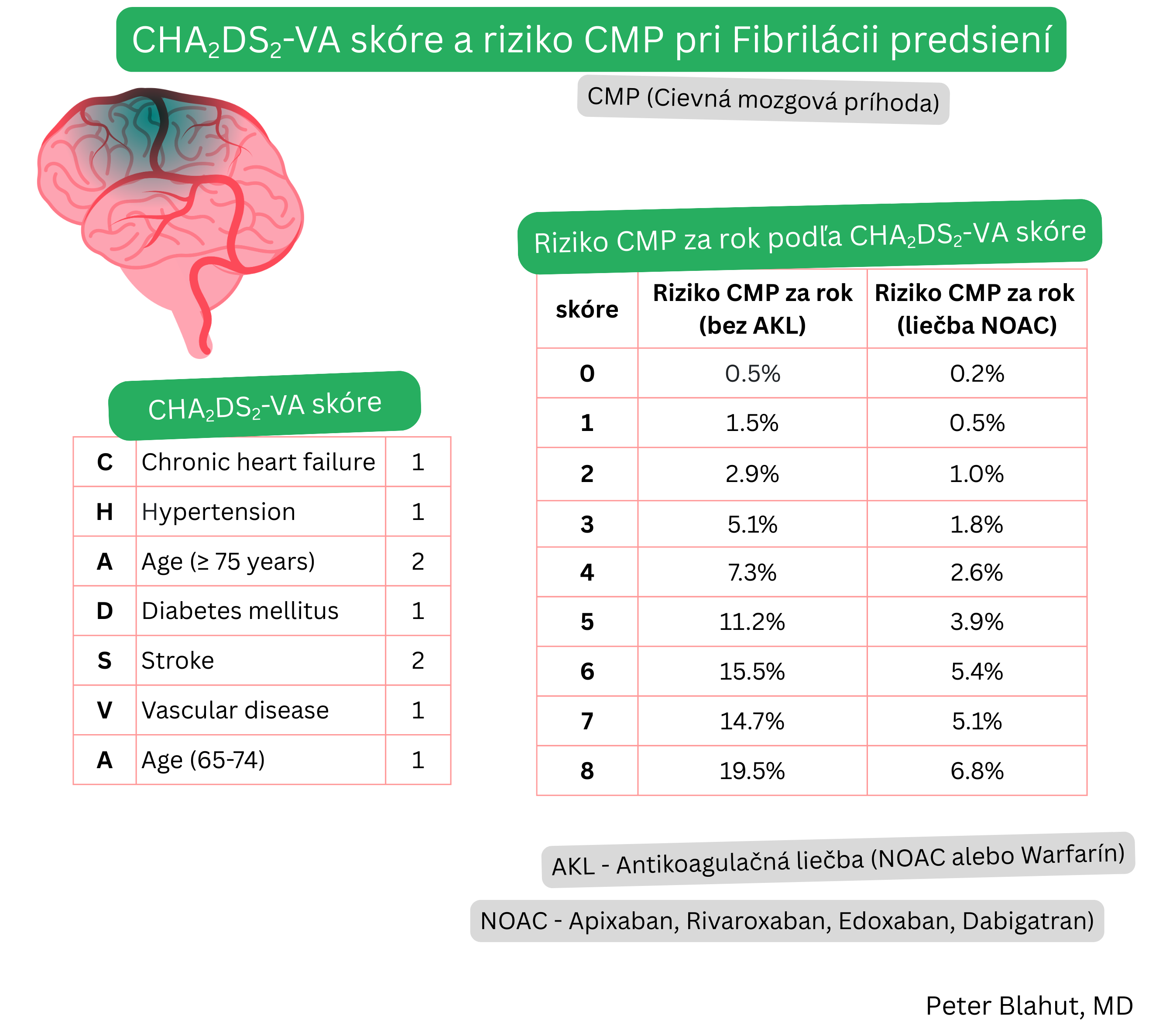 Prehľad skóre CHA2DS2-VA a ročného rizika cievnej mozgovej príhody pri fibrilácii predsiení s porovnaním rizika bez antikoagulácie a pri liečbe NOAC.