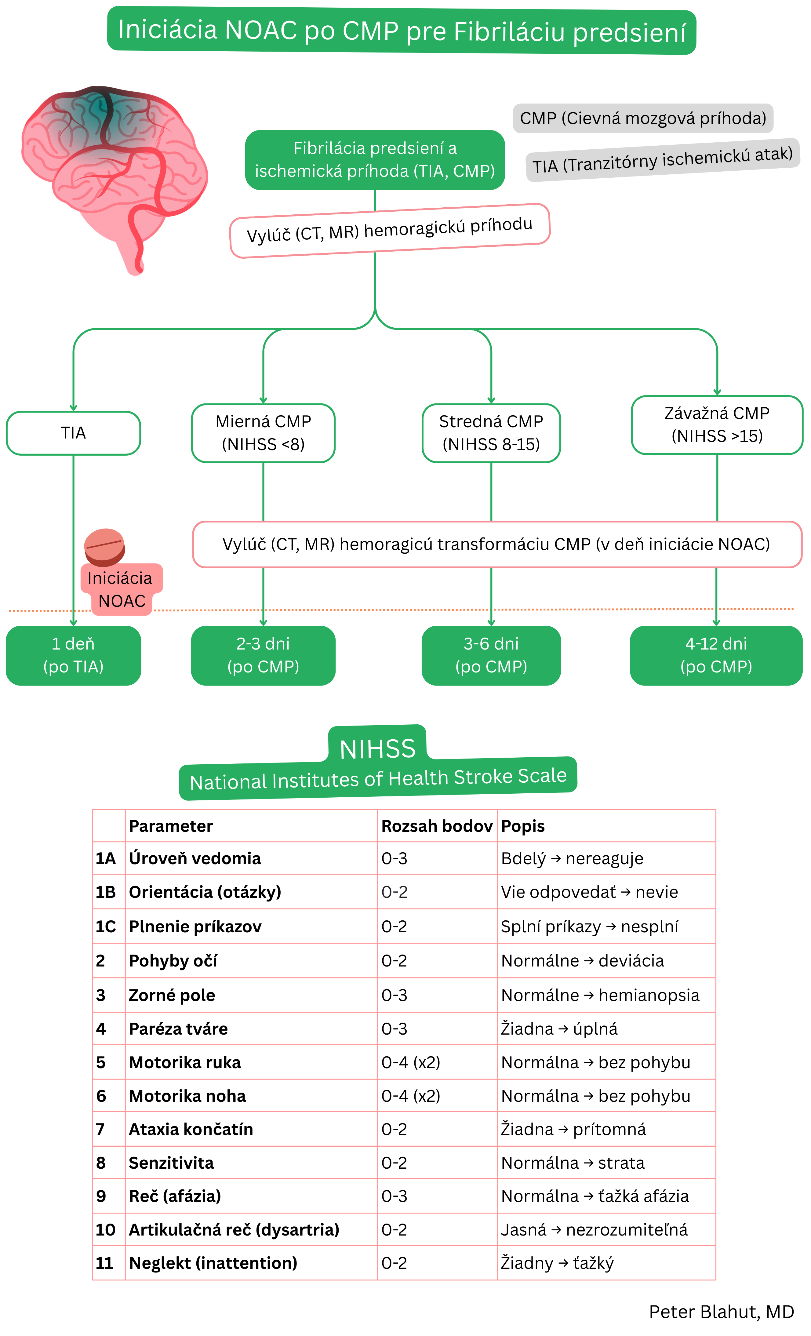 Algoritmus iniciácie NOAC po ischemickej cievnej mozgovej príhode alebo TIA pri fibrilácii predsiení podľa závažnosti neurologického deficitu hodnoteného NIHSS a po vylúčení hemoragickej transformácie.