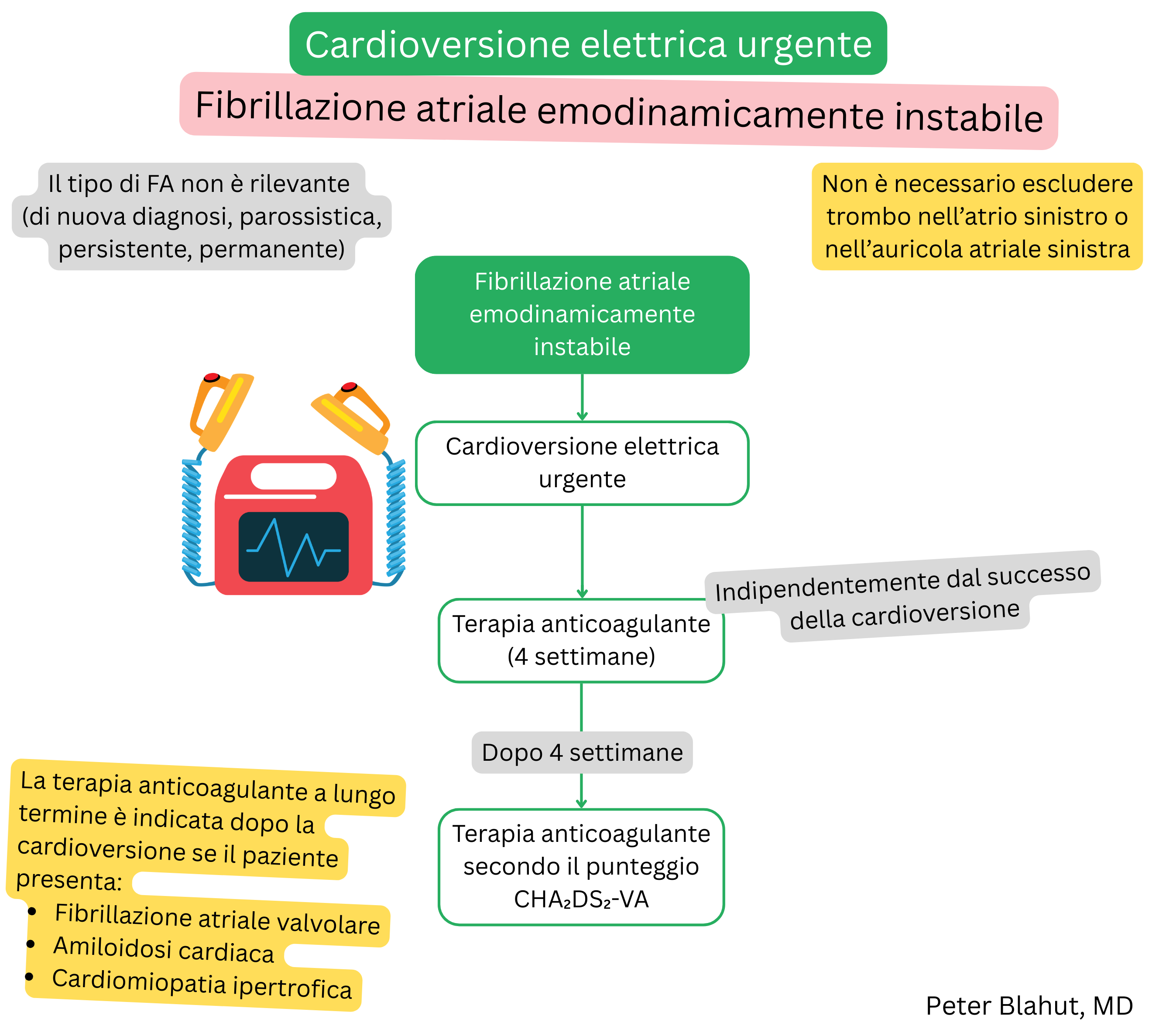 Algoritmo di cardioversione elettrica urgente nella fibrillazione atriale emodinamicamente instabile seguito da quattro settimane di anticoagulazione e gestione successiva secondo il punteggio CHA2DS2-VA.