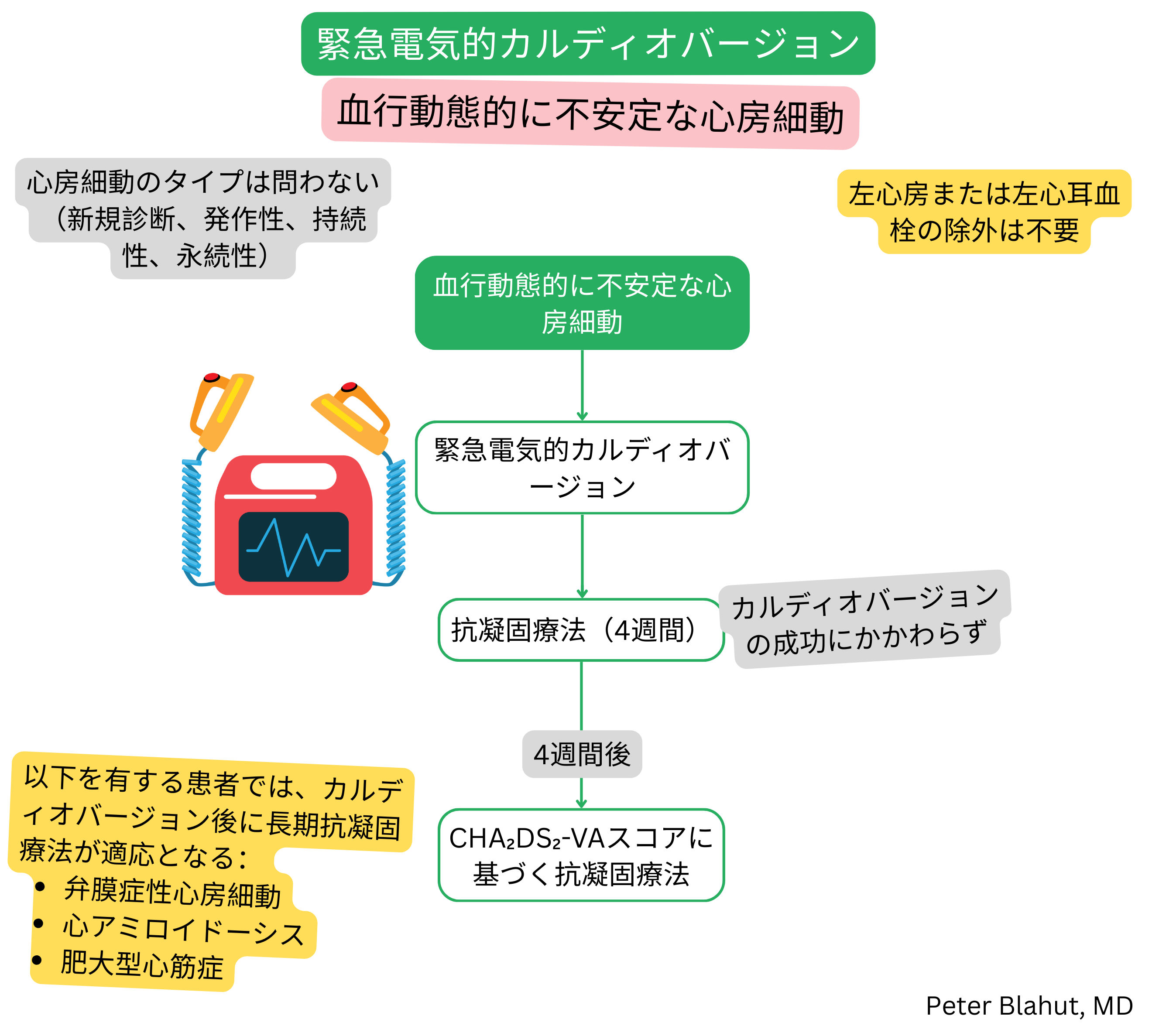 血行動態不安定な心房細動に対する緊急電気的カルディオバージョンのアルゴリズムで、その後4週間の抗凝固療法とCHA2DS2-VAスコアに基づく管理を行う。