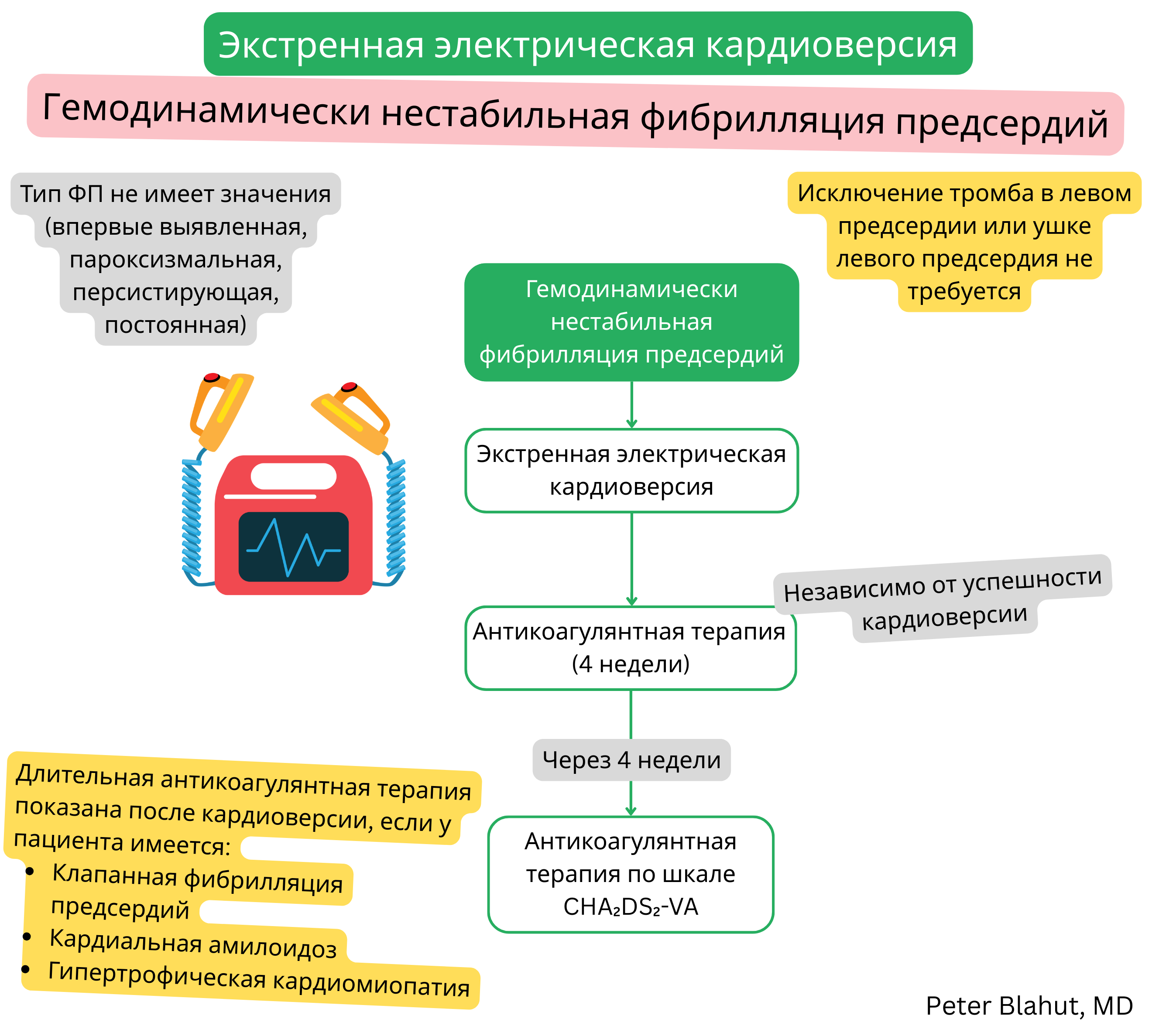 Алгоритм экстренной электрической кардиоверсии при гемодинамически нестабильной фибрилляции предсердий с последующей четырехнедельной антикоагуляцией и дальнейшим ведением по шкале CHA2DS2-VA.