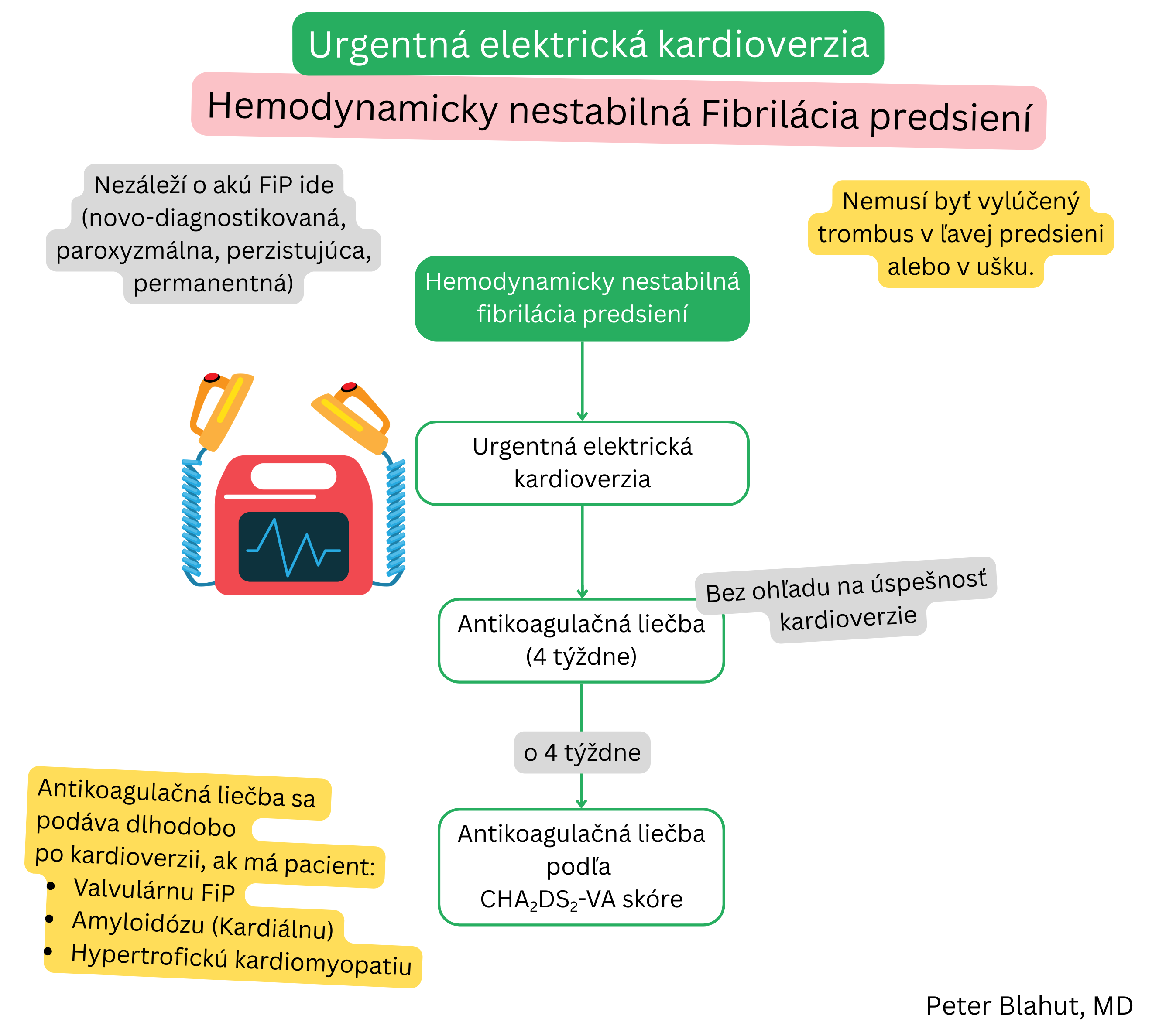 Algoritmus urgentnej elektrickej kardioverzie pri hemodynamicky nestabilnej fibrilácii predsiení s následnou 4-týždňovou antikoagulačnou liečbou a ďalším postupom podľa skóre CHA2DS2-VA.
