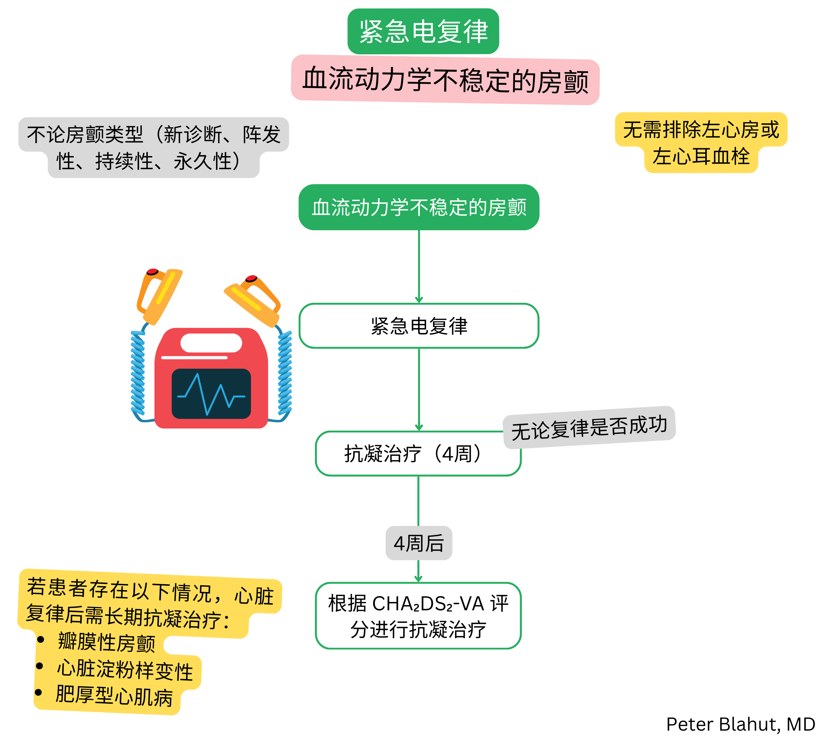 血流动力学不稳定房颤的紧急电复律算法，随后进行4周抗凝治疗，并根据CHA2DS2-VA评分进一步管理。