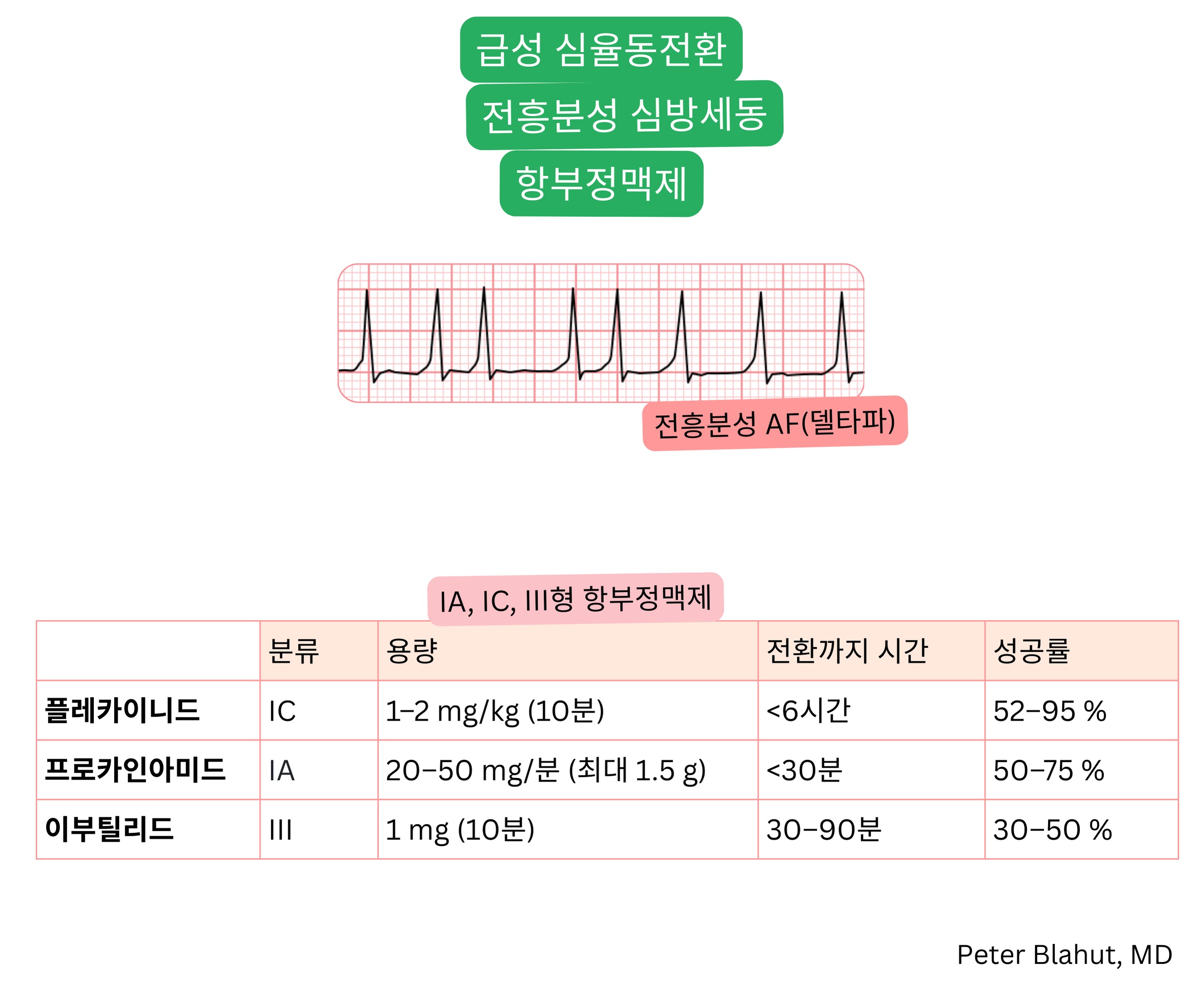 전흥분성 심방세동의 급성 심율동전환을 위한 IA, IC 및 III군 항부정맥제 개요로, 용량, 전환까지의 시간 및 치료 성공률을 포함함.