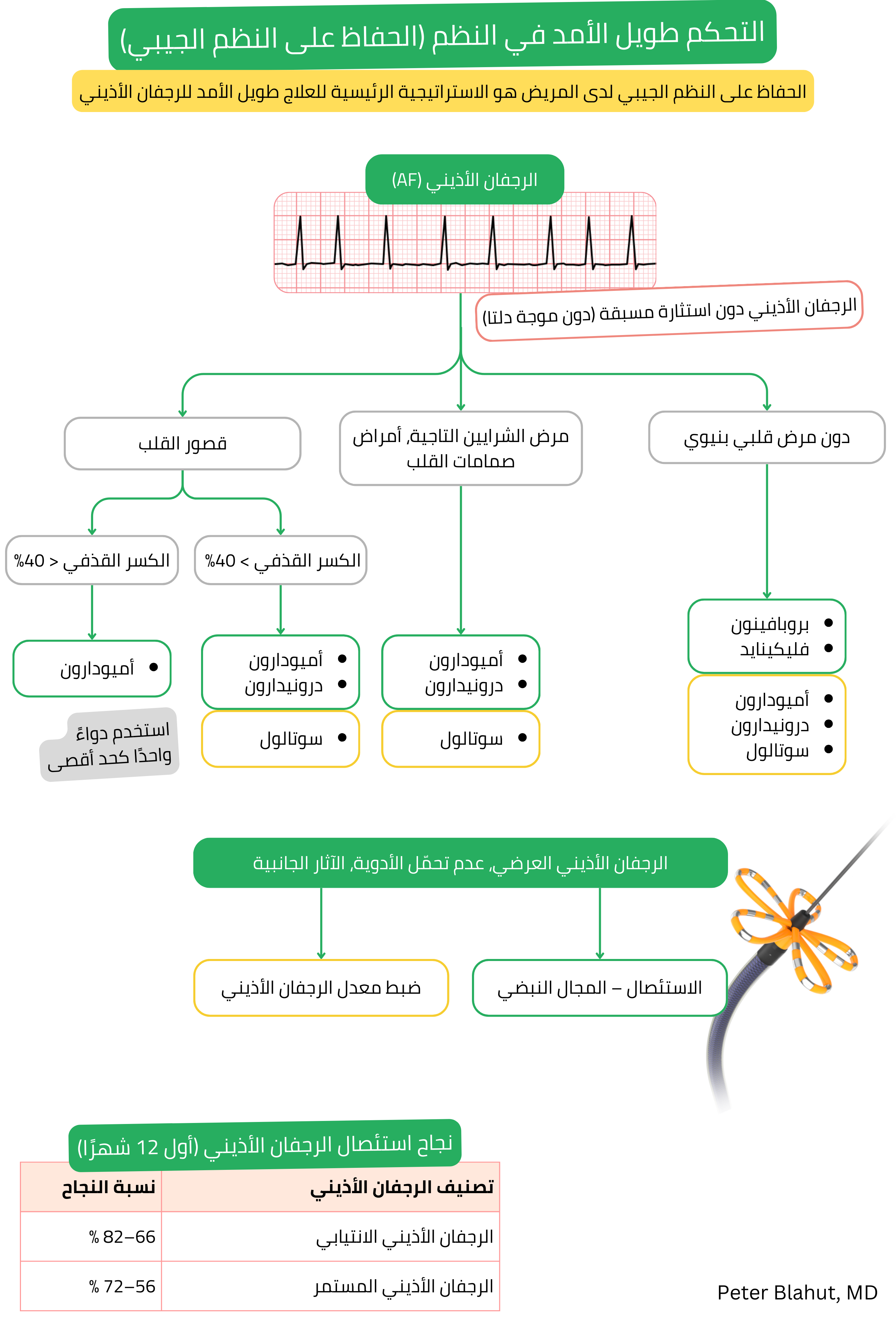 خوارزمية ضبط النظم طويل الأمد في الرجفان الأذيني دون فرط الاستثارة مع اختيار الدواء المضاد لاضطراب النظم وفق وجود قصور قلب أو مرض قلبي بنيوي وذكر نسب نجاح الاستئصال بالقسطرة.
