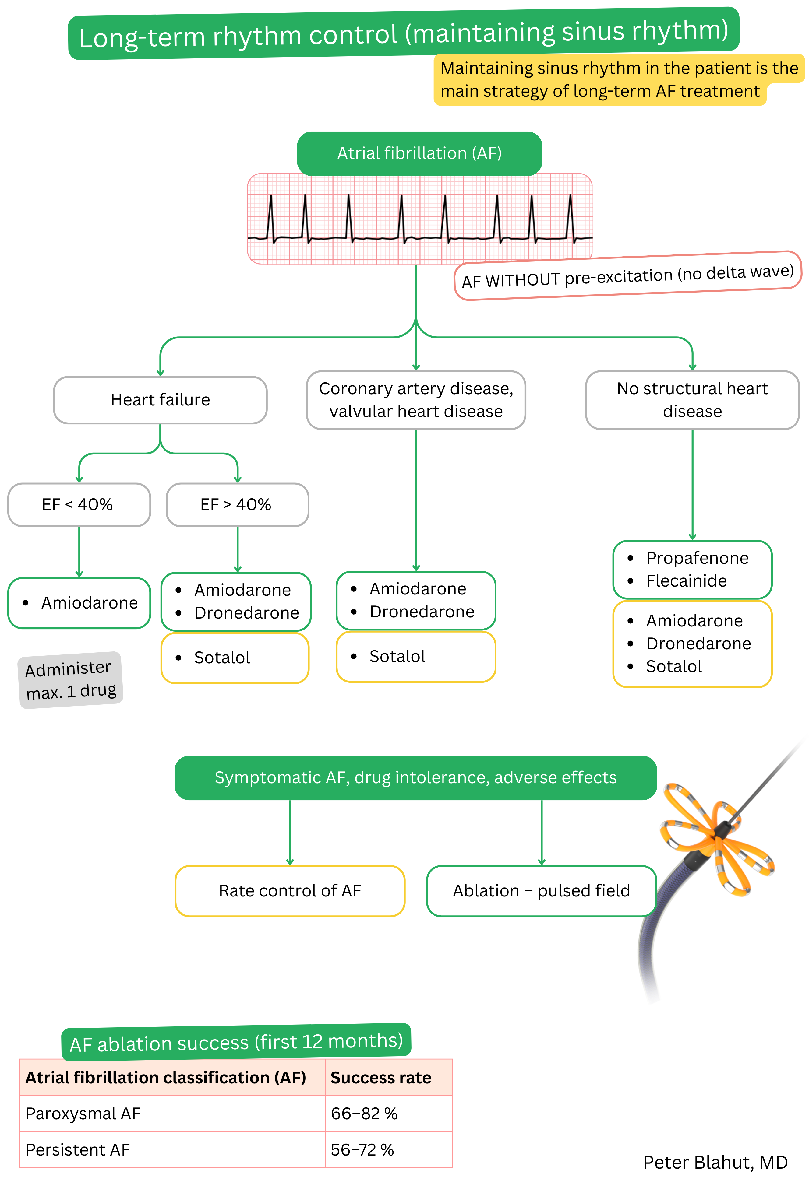 Algorithm for long-term rhythm control in atrial fibrillation without pre-excitation with selection of antiarrhythmic therapy according to presence of heart failure or structural heart disease and including catheter ablation success rates.