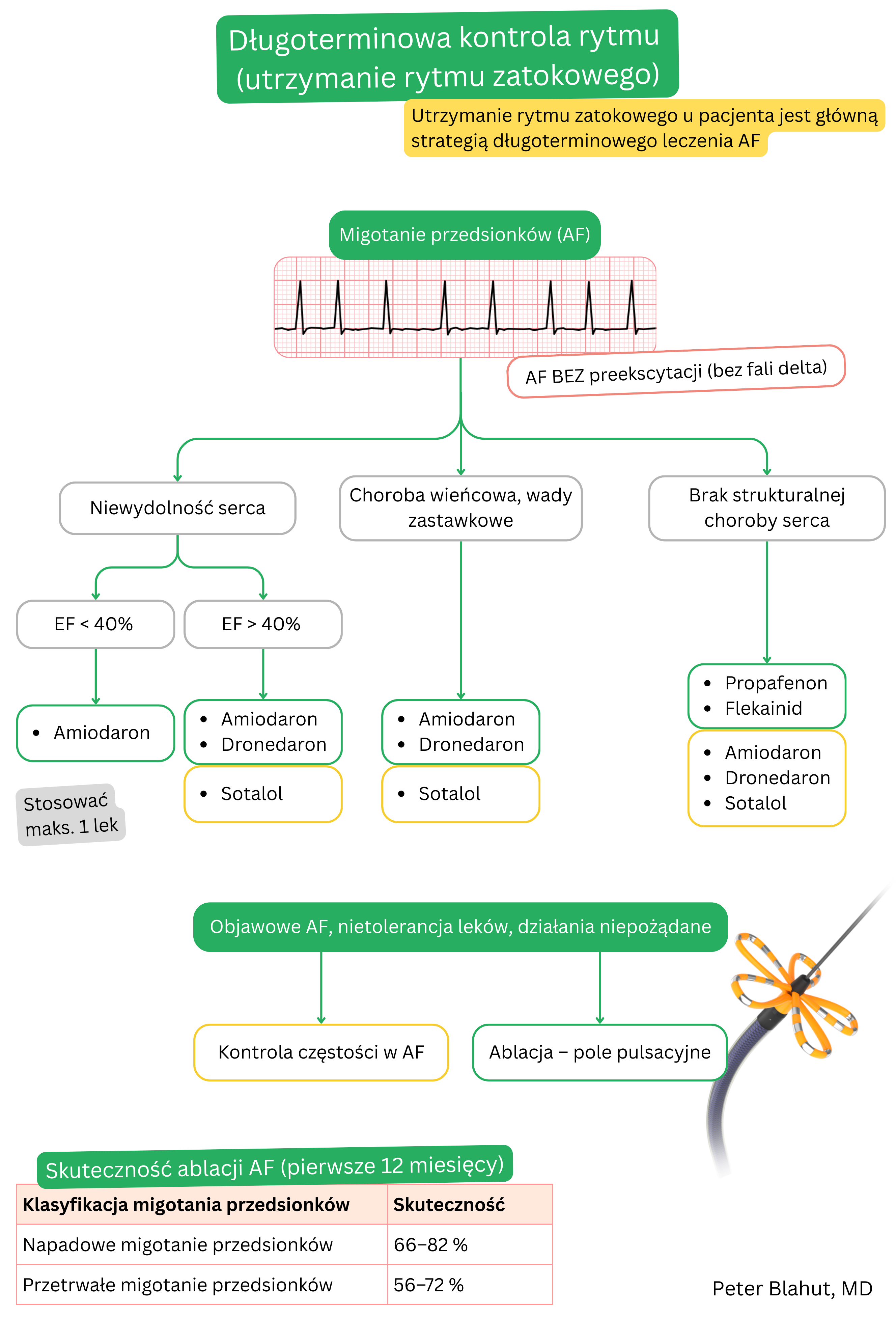 Algorytm długoterminowej kontroli rytmu w migotaniu przedsionków bez preekscytacji z doborem leku antyarytmicznego w zależności od obecności niewydolności serca lub strukturalnej choroby serca oraz z podaniem skuteczności ablacji cewnikowej.