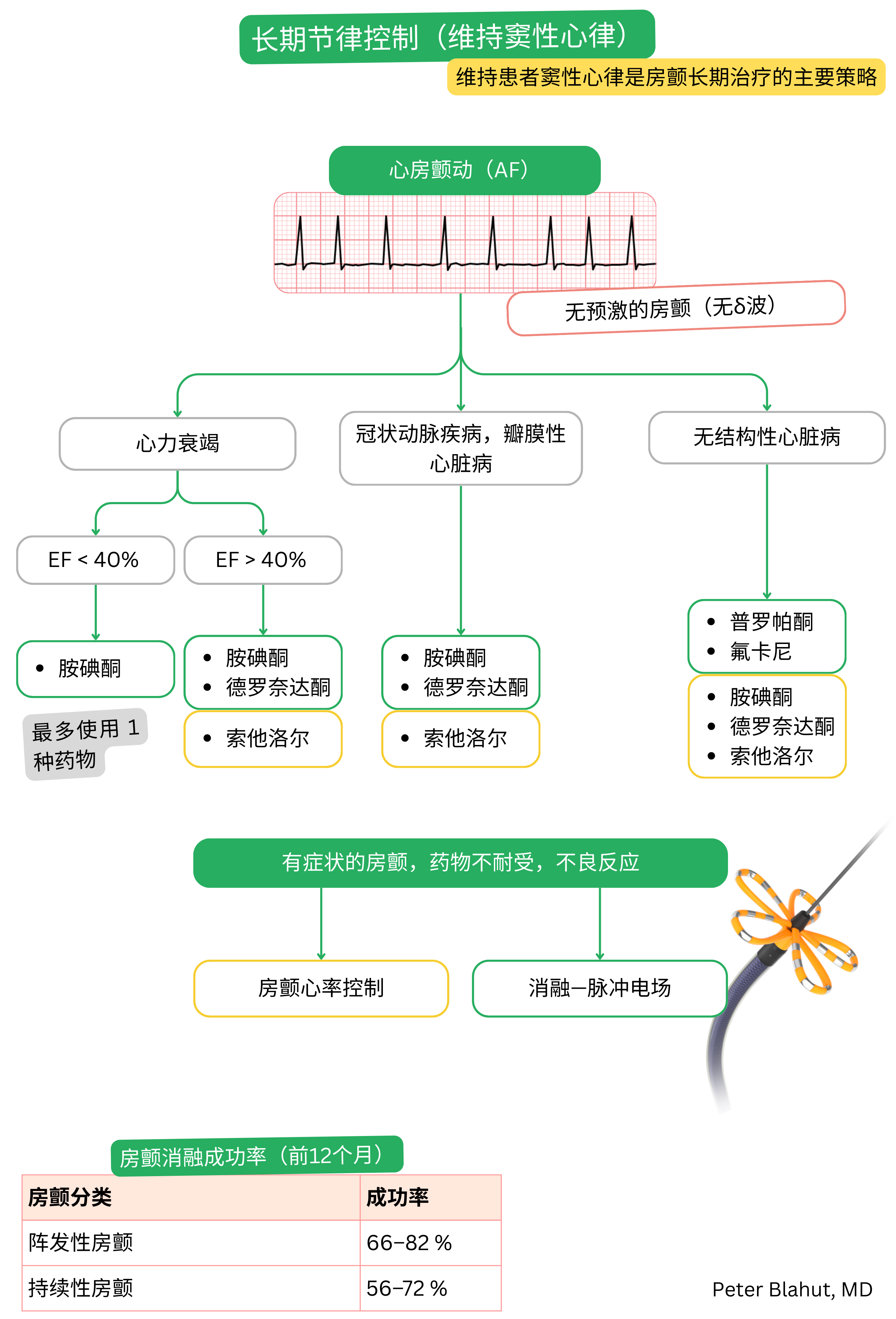 无预激房颤的长期节律控制算法，根据是否存在心力衰竭或结构性心脏病选择抗心律失常药物，并列出导管消融的成功率。