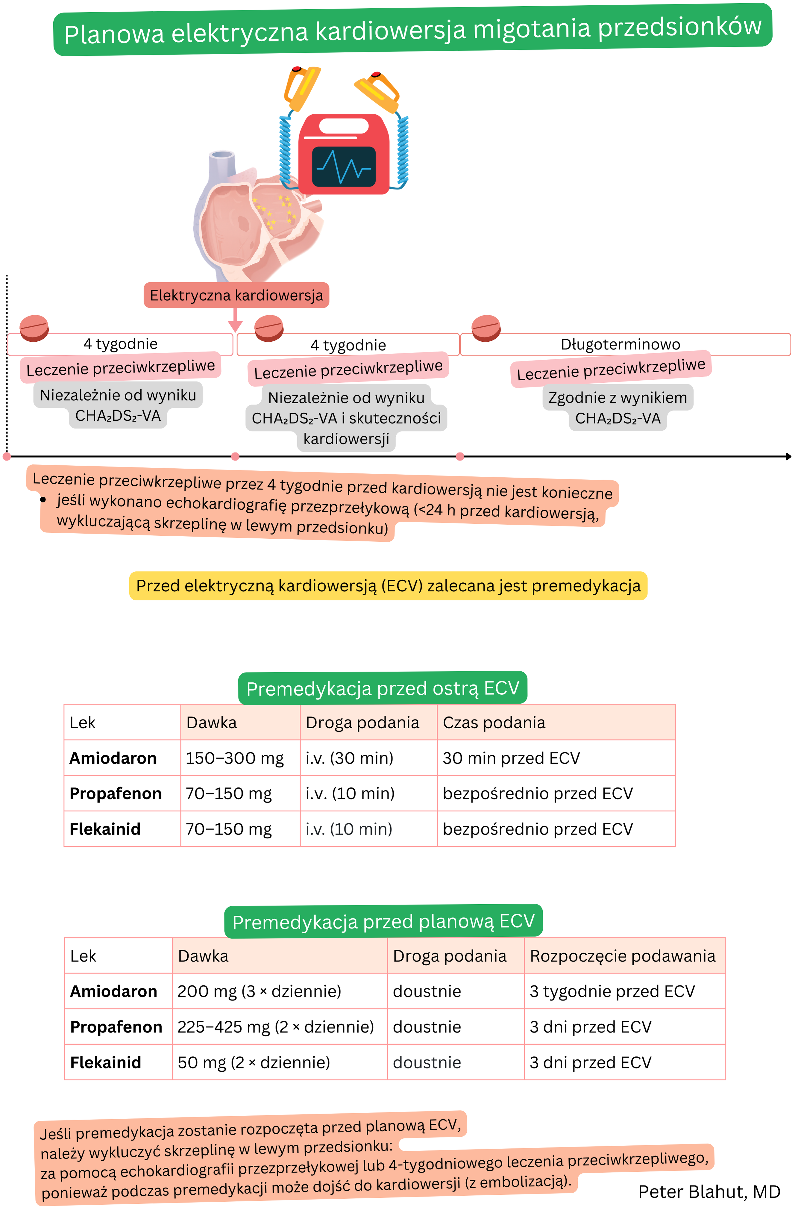 Schemat planowej kardiowersji elektrycznej w migotaniu przedsionków z zalecaną antykoagulacją przed i po zabiegu oraz premedykacją lekami antyarytmicznymi.