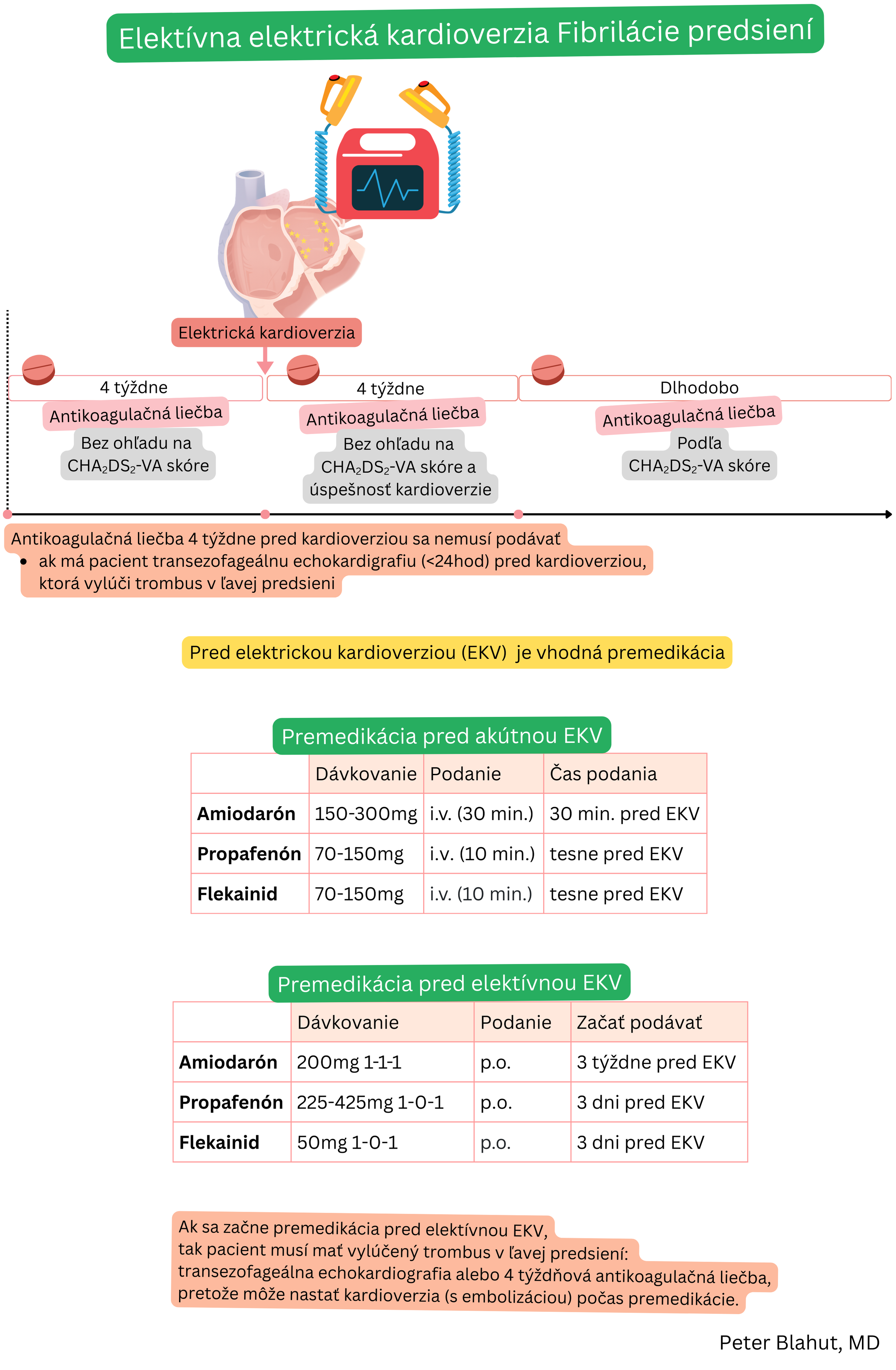 Schéma elektívnej elektrickej kardioverzie pri fibrilácii predsiení s odporúčanou antikoagulačnou liečbou pred a po výkone a premedikáciou antiarytmikami.