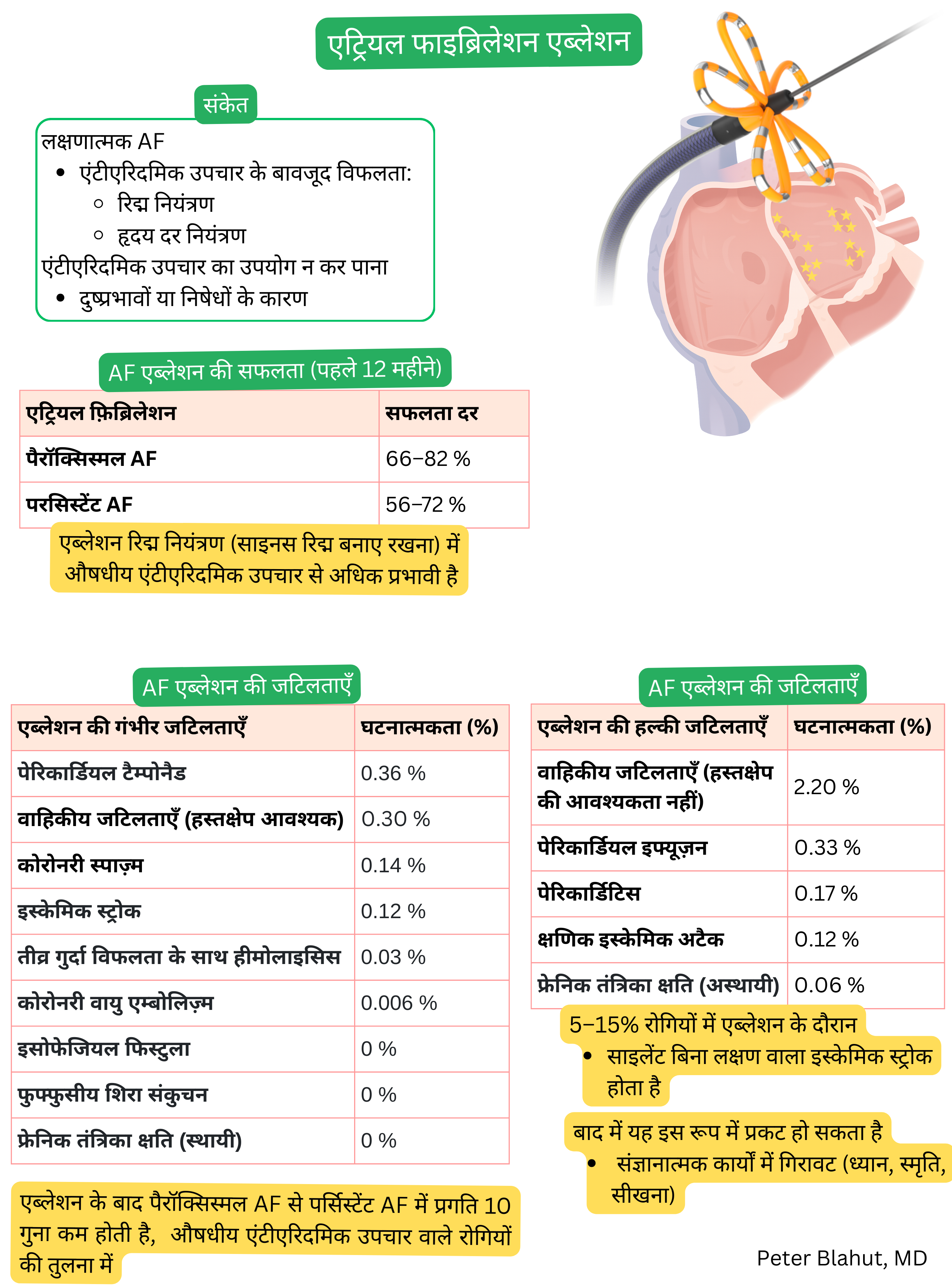 एट्रियल फिब्रिलेशन की कैथेटर एब्लेशन के संकेतों, पहले 12 महीनों में सफलता दर तथा प्रमुख और मामूली प्रक्रिया संबंधी जटिलताओं और उनकी घटनात्मकता का अवलोकन।