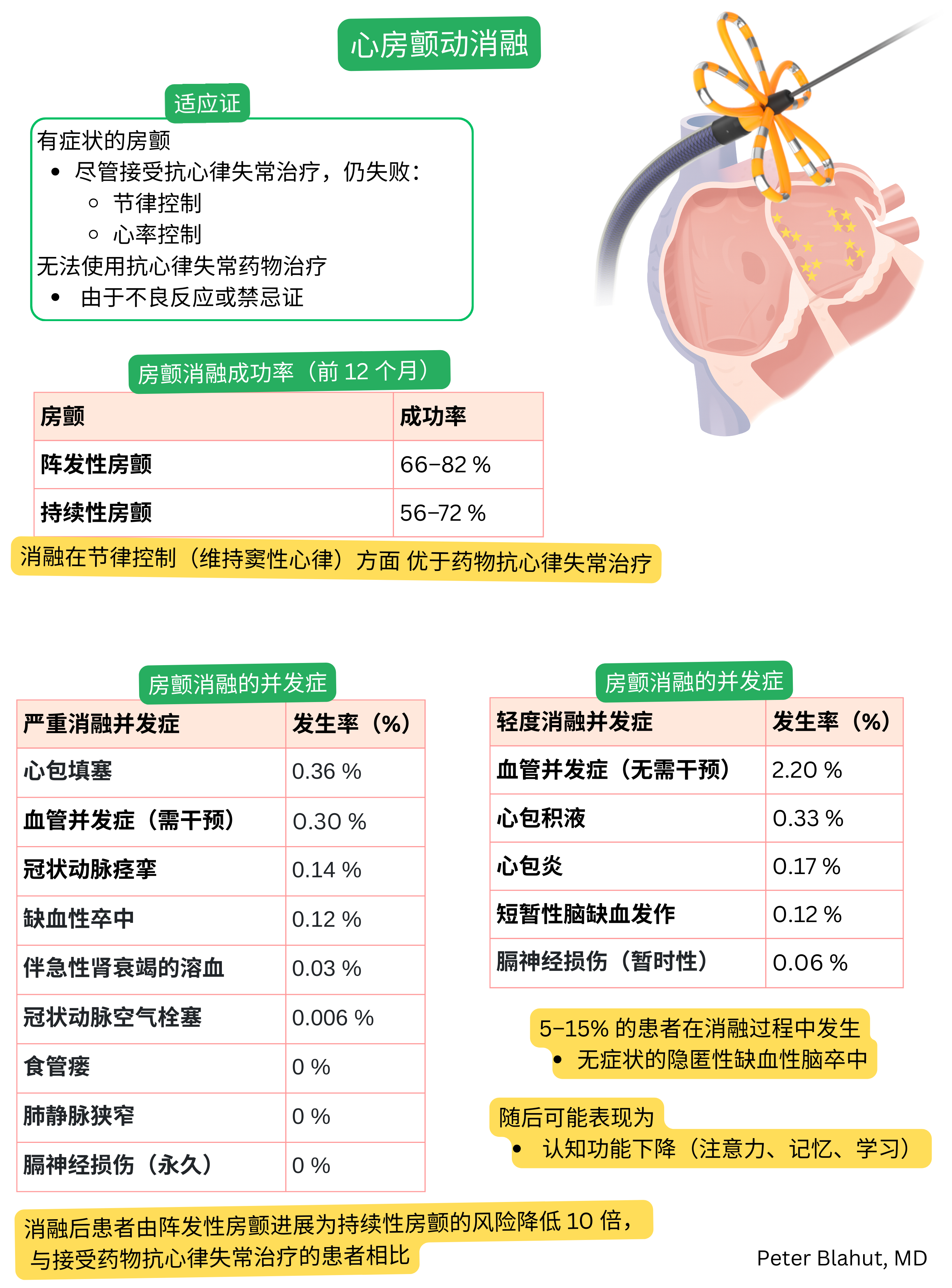 房颤导管消融适应证概述，列出前12个月成功率以及严重与非严重手术并发症及其发生率。