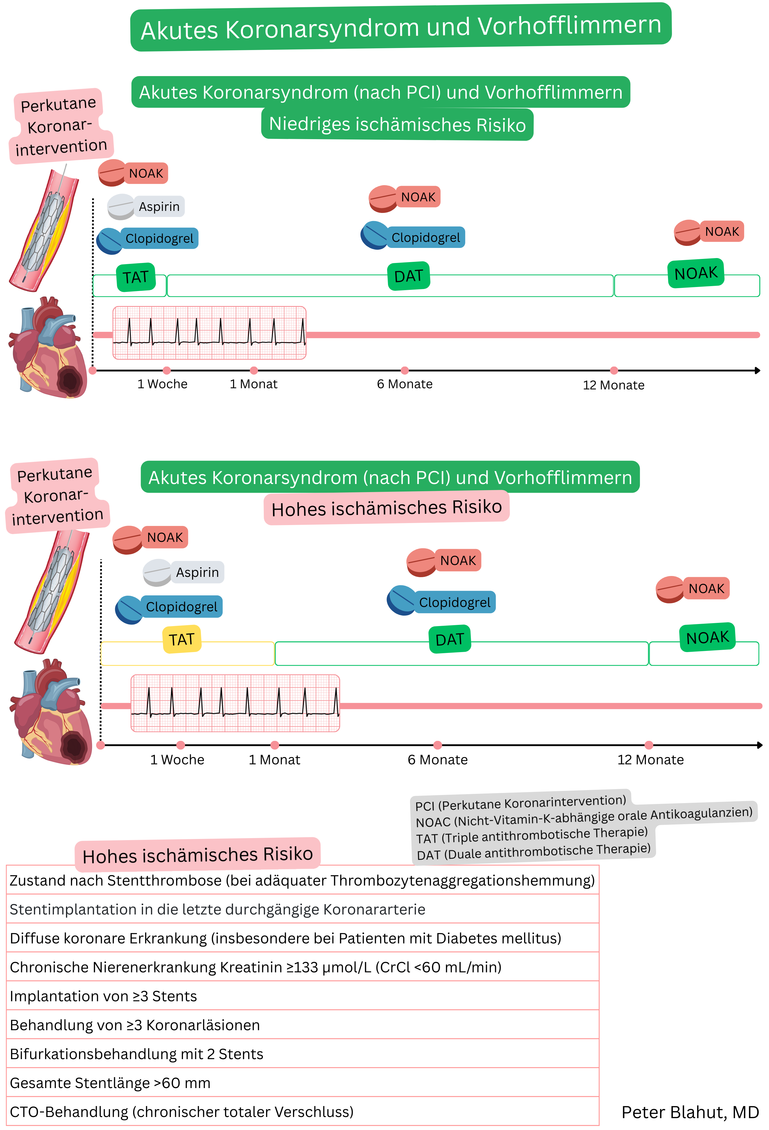 Schema der antithrombotischen Therapie bei Patienten mit akutem Koronarsyndrom nach PCI und Vorhofflimmern, stratifiziert nach niedrigem und hohem ischämischem Risiko, einschließlich TAT, DAT und anschließender NOAK-Monotherapie über 12 Monate.