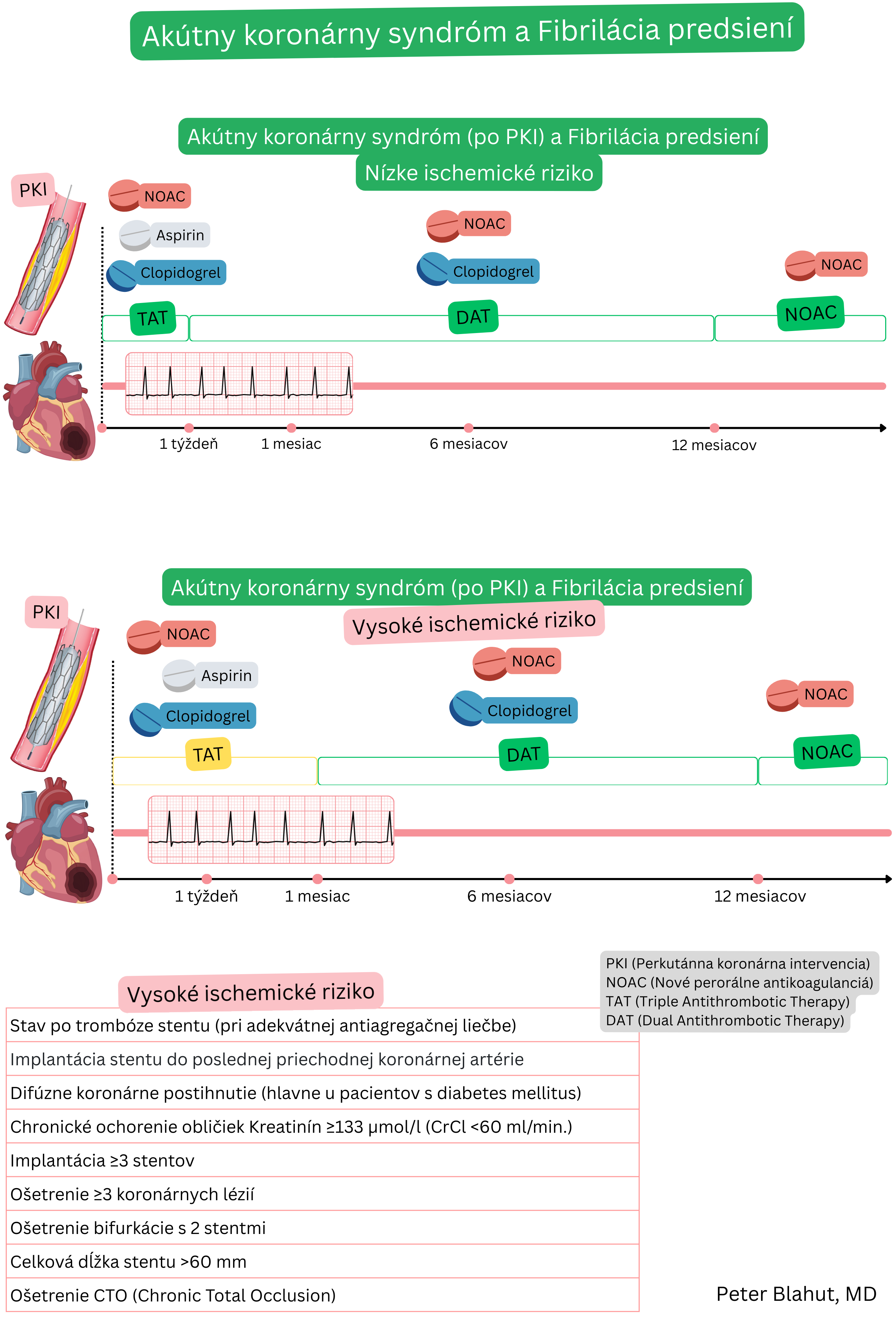 Schéma antitrombotickej liečby u pacientov s akútnym koronárnym syndrómom po PCI a fibriláciou predsiení s rozdelením podľa nízkeho a vysokého ischemického rizika vrátane TAT, DAT a následnej monoterapie NOAC v 12-mesačnej časovej osi.