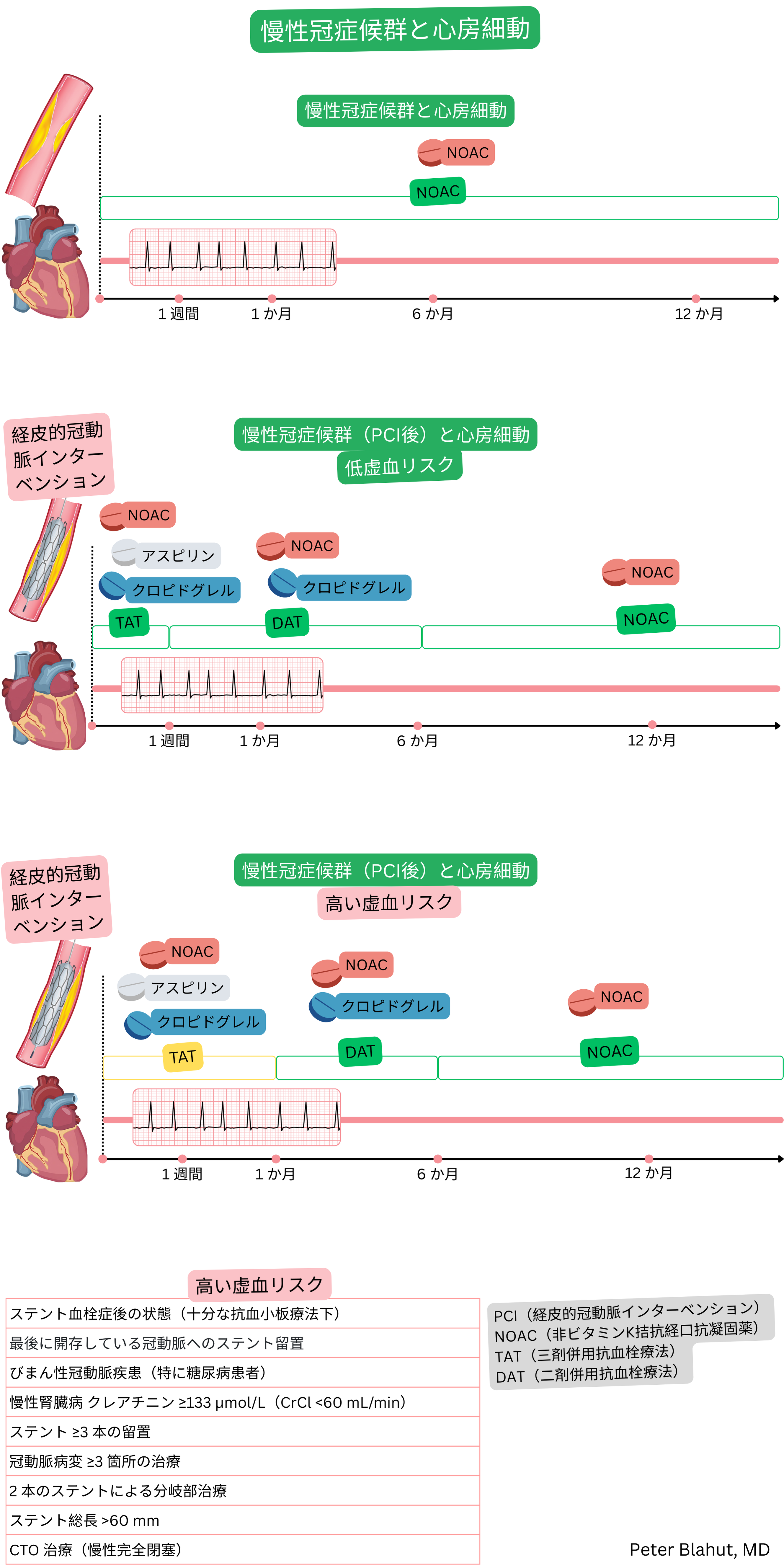 慢性冠症候群および心房細動患者における抗血栓療法の模式図で、NOAC単剤療法ならびにPCI後の虚血リスクに応じたTAT、DATおよび12か月間のNOAC単剤療法戦略を含む。